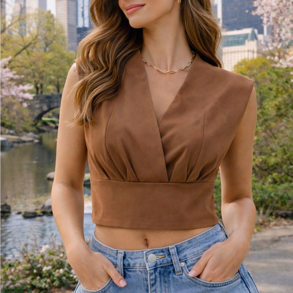🌼 SHEIN Coffee Brown Draped Crop Blouse Structured‎ Waist Chic Top Size L